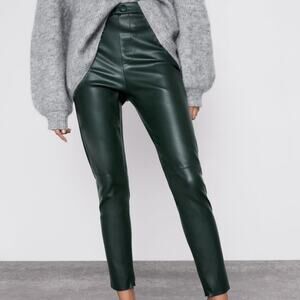 Zara Green Faux Leather Hi Rise Skinny Fit Leggings Pants.
